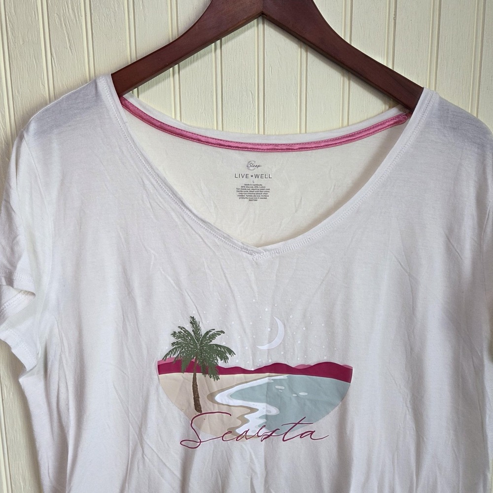 Live Well Pajama Top Womens Large White Beach Graphic Short Sleeve Sleepwear